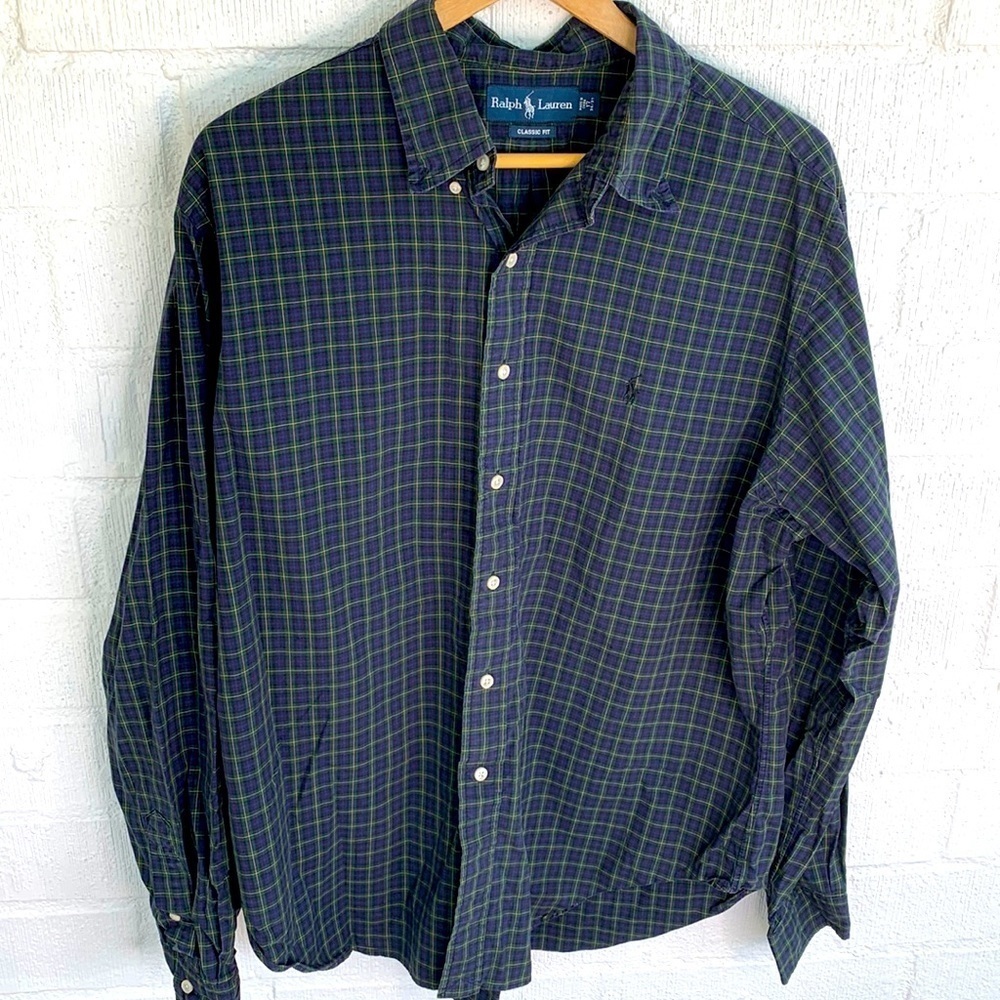 Ralph Lauren Plaid Logo Long Sleeve Button Up Classic Fit Shirt sz 17